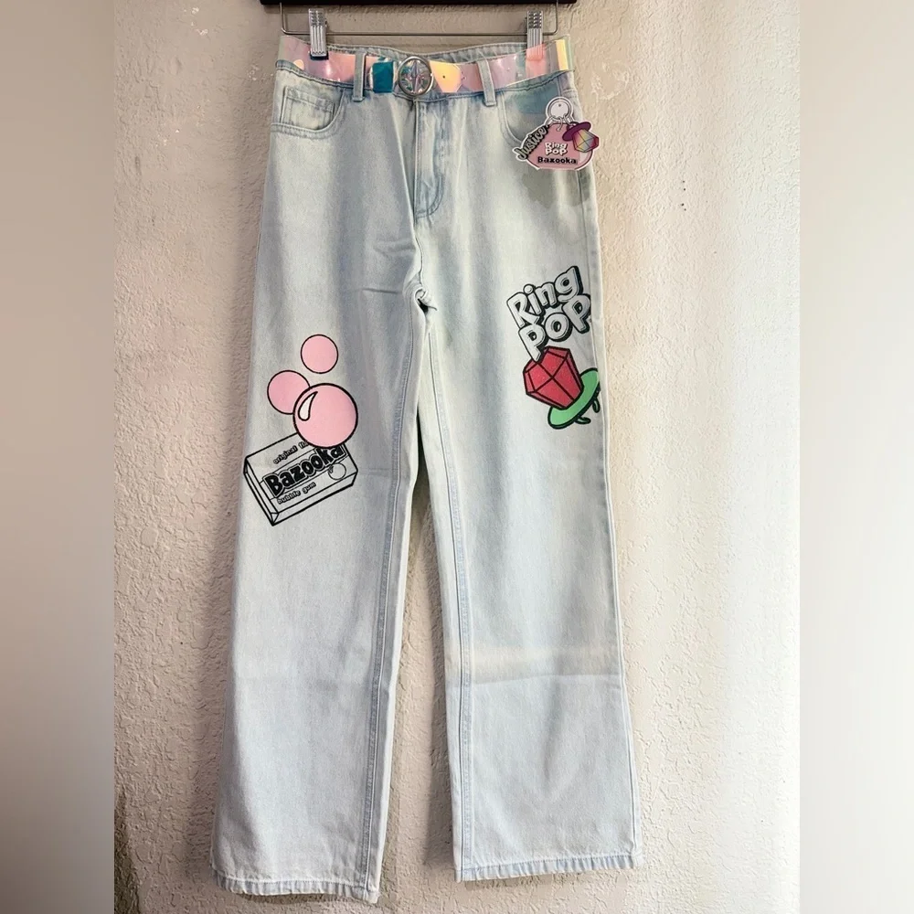 Justice Girls Ring Pop Collab Jeans, Sizes 12  with belt included NEW